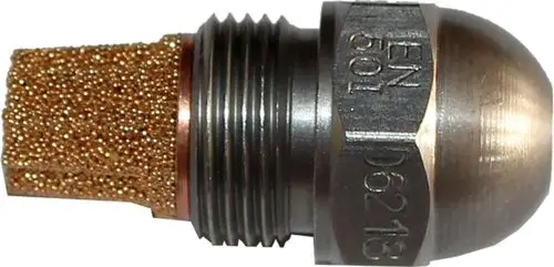 Metallische Düse mit goldfarbenem Filter und geriffeltem Gewinde, geeignet für Wolf Gusskessel, zur Regulierung des Durchflusses.